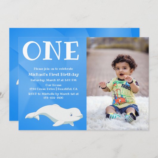 ベルーガホエールアークティック海写真ファースト誕生日 招待状 (正面/裏面)