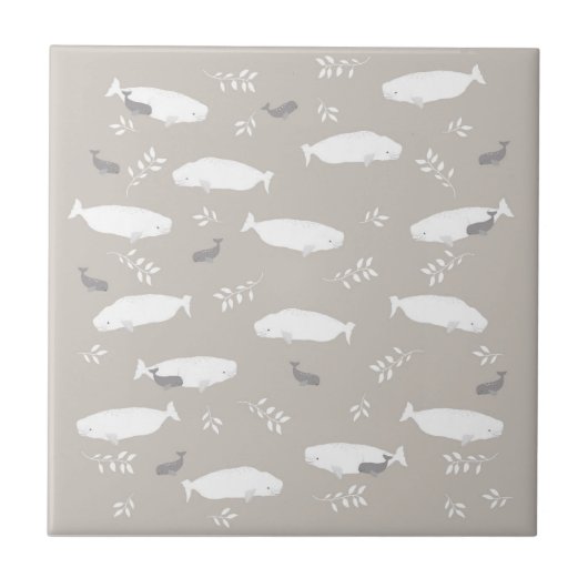 ベルーガホエールオンパステルグレーイラストレーション タイル (正面)