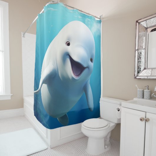 ベルーガホエールカートゥーンブルーグリーン北極海 シャワーカーテン (インサイチュ)