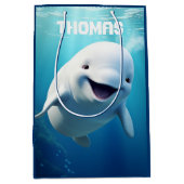 ベルーガホエールカートゥーンブルーグリーン北極海 ミディアムペーパーバッグ (正面)