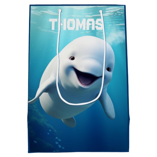 ベルーガホエールカートゥーンブルーグリーン北極海 ミディアムペーパーバッグ (裏面)