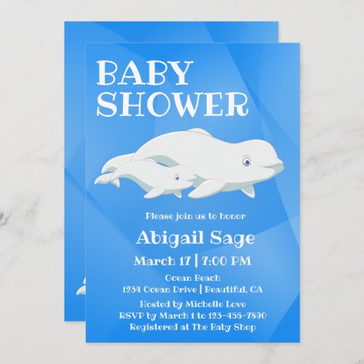 ベルーガホエールブルー白北極海赤ちゃんシャワー 招待状 (正面/裏面)