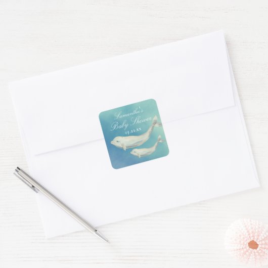 ベルーガ鯨ママと子牛の赤ちゃんシャワー スクエアシール (封筒)