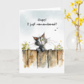 ベレおもしろいット誕生日忘れ猫オンフェンス カード (黄色い花)