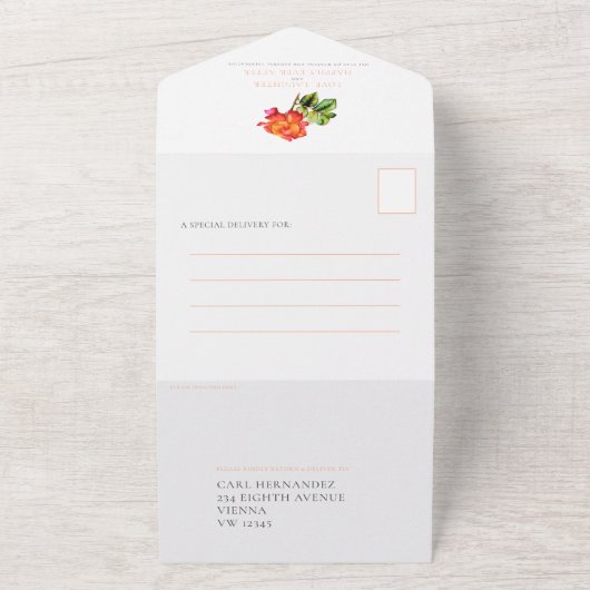 ベレーテ結婚ィーの茶バラ水の色のコーラルオレンジ オールインワン招待状 (外側)