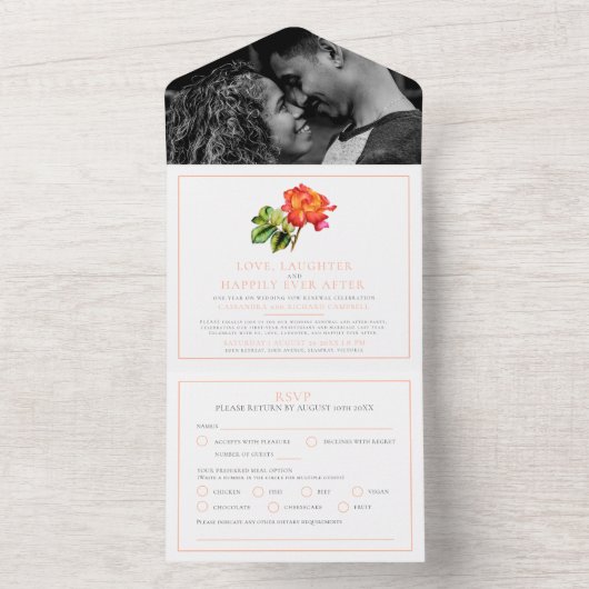 ベレーテ結婚ィーの茶バラ水の色のコーラルオレンジ オールインワン招待状 (内側)