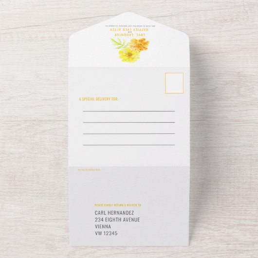 ベレードウェディングパーティー黄色のマリゴルド水の色 オールインワン招待状 (外側)