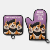 ベレー&バンダナを着たかわいいシックなコギの犬 鍋つかみ&鍋敷きセット (正面)