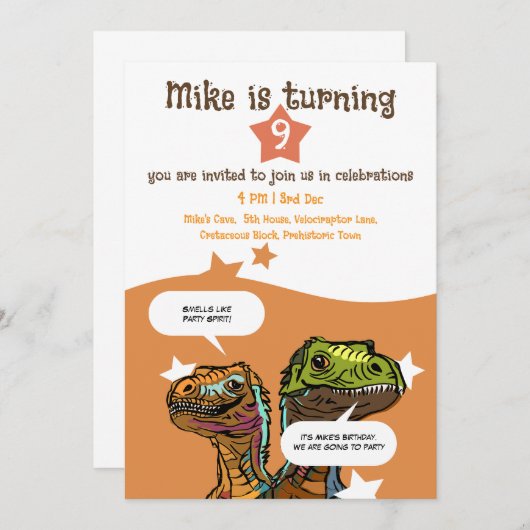 ベロキラプトルをテーマにしたディノ愛の少年たちの誕生日 招待状 (正面/裏面)