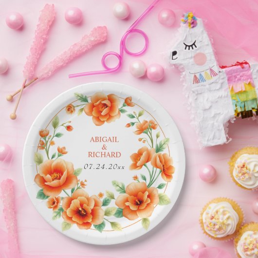 ベローナサンセットオレンジのラウンドフローラ結婚フレーム ペーパープレート (パーティー)
