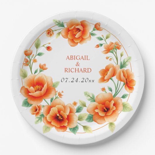 ベローナサンセットオレンジのラウンドフローラ結婚フレーム ペーパープレート (正面)