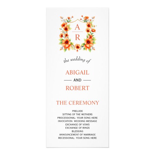 ベローナサンセットオレンジ色のフローラクレスト結婚式プログラム ラックカード (正面)