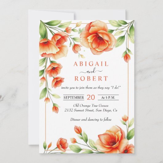 ベローナサンセットオレンジ色のフローラ結婚フレーム 招待状 (正面)