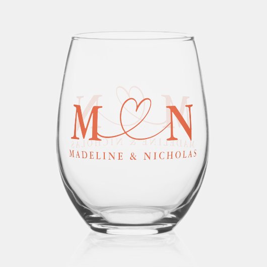 ベローナサンセットドードルハートループモノグラム結婚ズ ステムなしワイングラス (正面)
