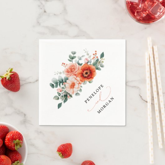 ベローナサンセットブライトオレンジモダンフローラ結婚ズ スタンダードカクテルナプキン (インサイチュ)