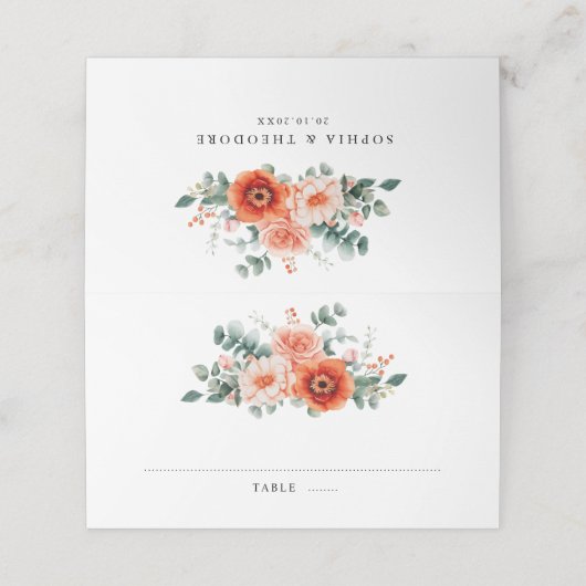 ベローナサンセットブライトオレンジモダンフローラ結婚ズ プレイスカード (外部開封)