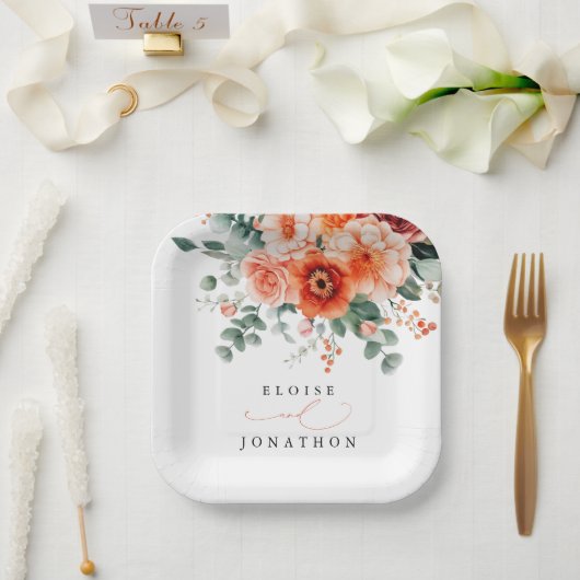 ベローナサンセットブライトオレンジモダンフローラ結婚ズ ペーパープレート (ウェディング)