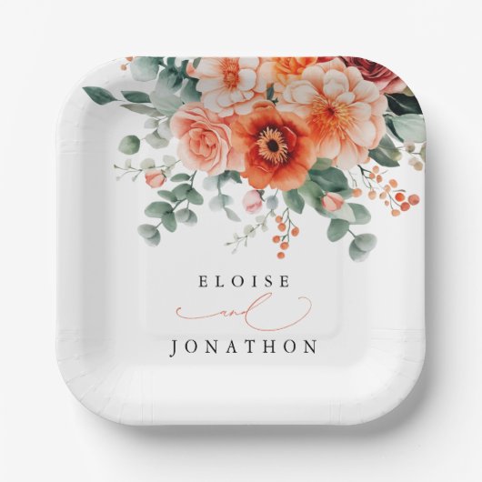 ベローナサンセットブライトオレンジモダンフローラ結婚ズ ペーパープレート (正面)
