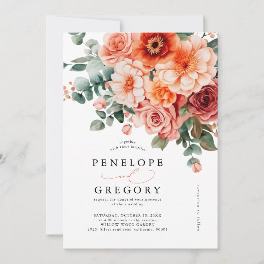 ベローナサンセットブライトオレンジモダンフローラ結婚ズ 招待状 (正面)