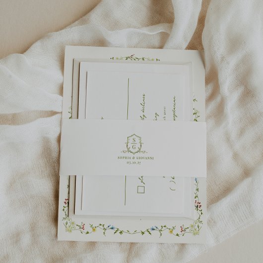 ベローナワイルドフラワーモノグラム結婚クレスト 招待状ベリーバンド