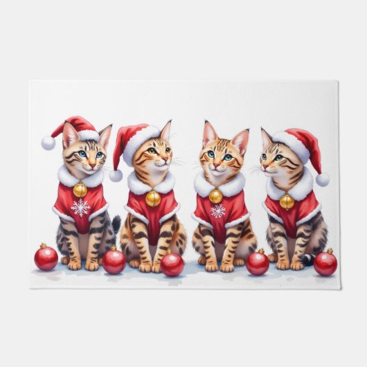ベンガルキャットのクリスマスドレスサンタ帽子 ドアマット (正面)
