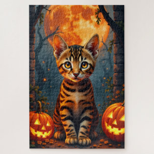 ベンガルキャットのホーンテッドテンプルハロウィンポートレートアート ジグソーパズル