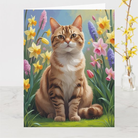 ベンガルキャットの春の花の絵 カード (黄色い花)