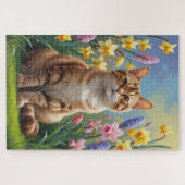ベンガルキャットの春の花の絵 ジグソーパズル (横)