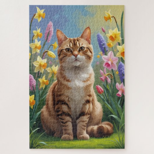 ベンガルキャットの春の花の絵 ジグソーパズル (縦)