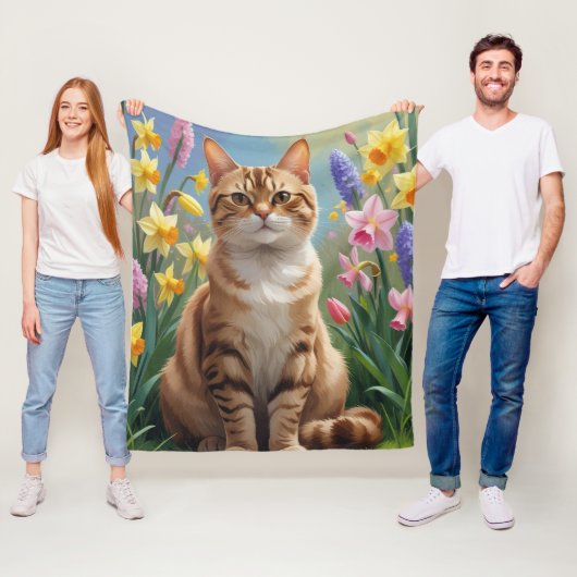 ベンガルキャットの春の花の絵 フリースブランケット (インサイチュ)