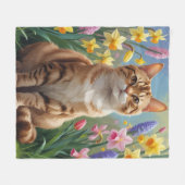ベンガルキャットの春の花の絵 フリースブランケット (正面(横))