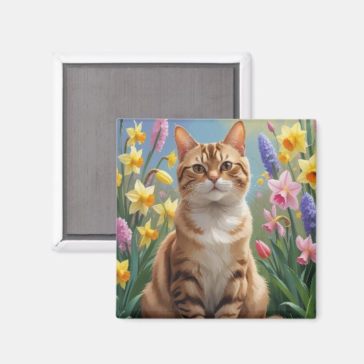 ベンガルキャットの春の花の絵 マグネット (正面/裏面)