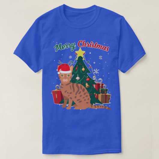 ベンガルキャットクリスマスツリー雪フレーククリスマスあり Tシャツ (デザイン正面)