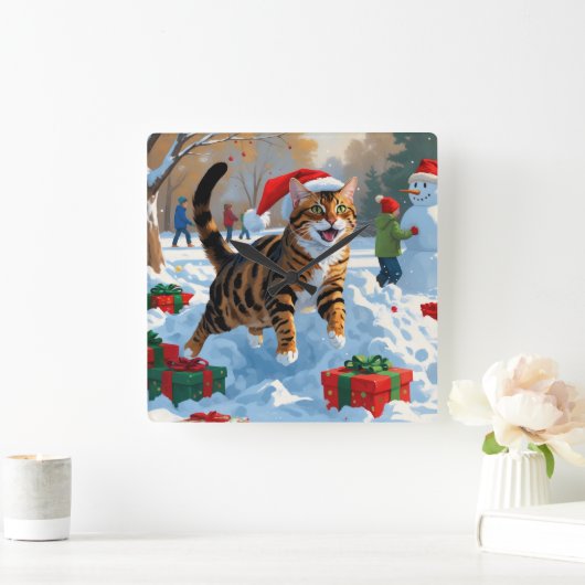 ベンガルキャットクリスマスフェスティバル雪のシーン スクエア壁時計 (ホーム)