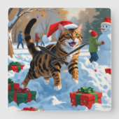 ベンガルキャットクリスマスフェスティバル雪のシーン スクエア壁時計 (正面)