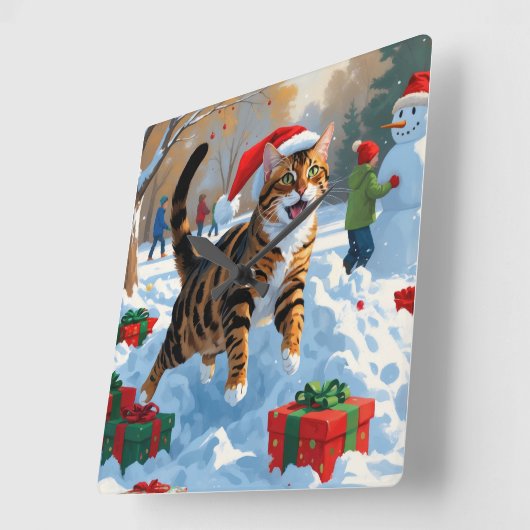 ベンガルキャットクリスマスフェスティバル雪のシーン スクエア壁時計 (傾斜)