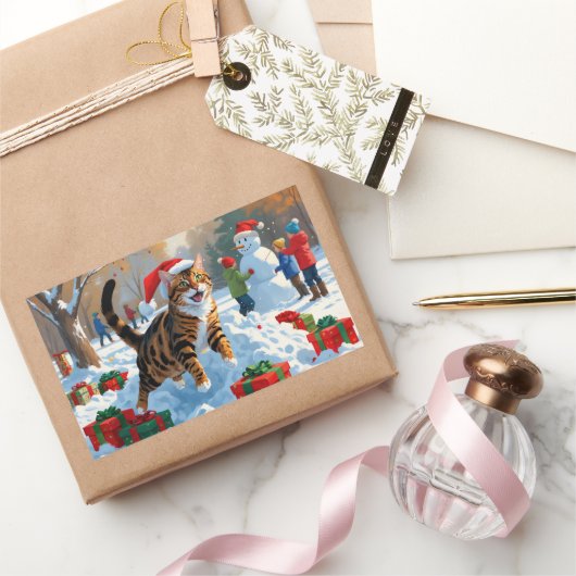 ベンガルキャットクリスマスフェスティバル雪のシーン 長方形シール (ギフト)