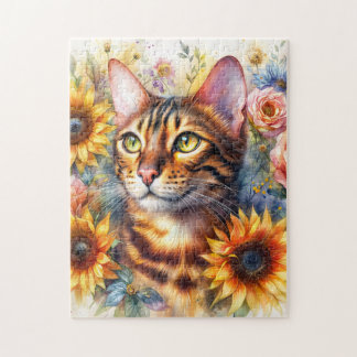 ベンガルキャット フローラル 水彩画 ジグソーパズル