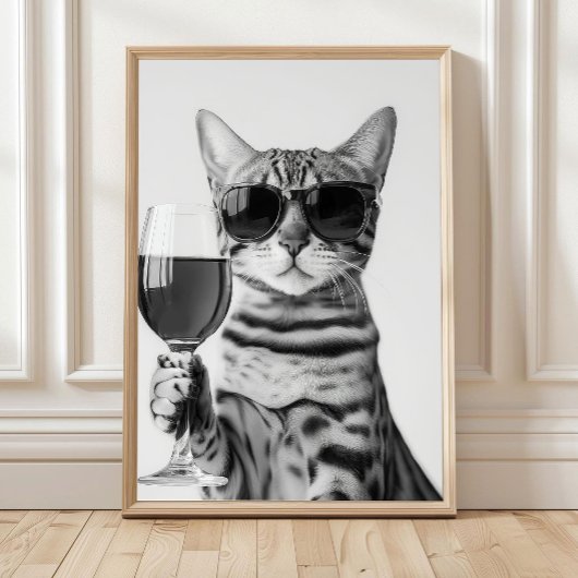 ベンガルキャット ワインを飲む モノクロ ウォールアート