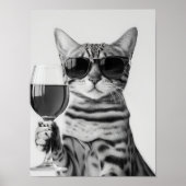 ベンガルキャット ワインを飲む モノクロ ウォールアート (正面)