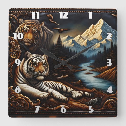 ベンガルタイガース安静の山の川の近く スクエア壁時計 (正面)