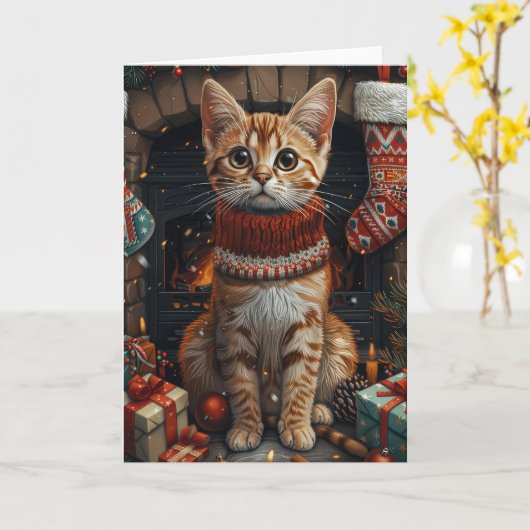 ベンガル猫とクリスマスプレゼント暖炉 カード (黄色い花)