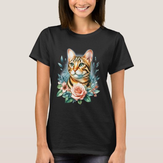 ベンガル猫と花 Tシャツ (正面)