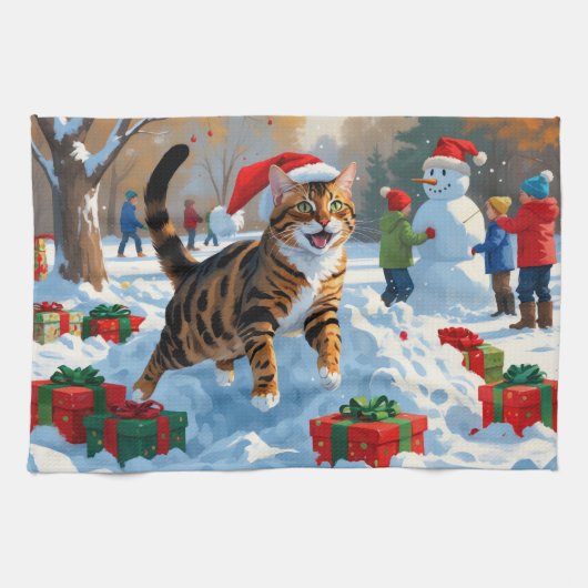 ベンガル猫のクリスマス祭り雪景色 キッチンタオル (横)