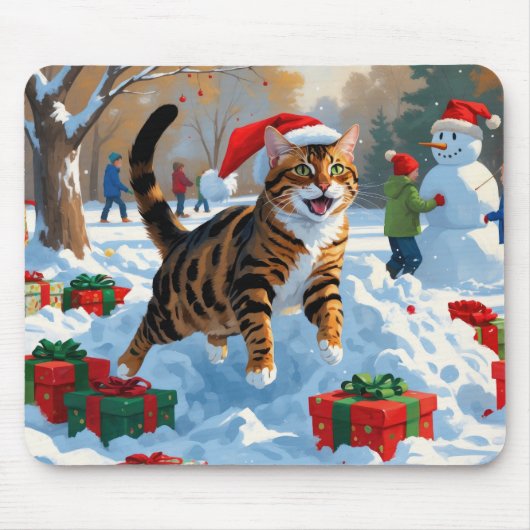 ベンガル猫のクリスマス祭り雪景色 マウスパッド (正面)