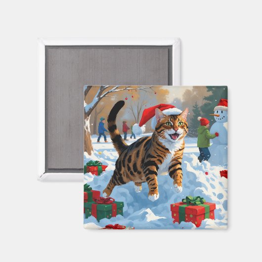 ベンガル猫のクリスマス祭り雪景色 マグネット (正面/裏面)