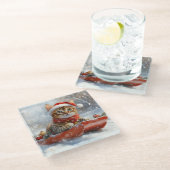 ベンガル猫の大雪のクリスマス ガラスコースター (アングル)