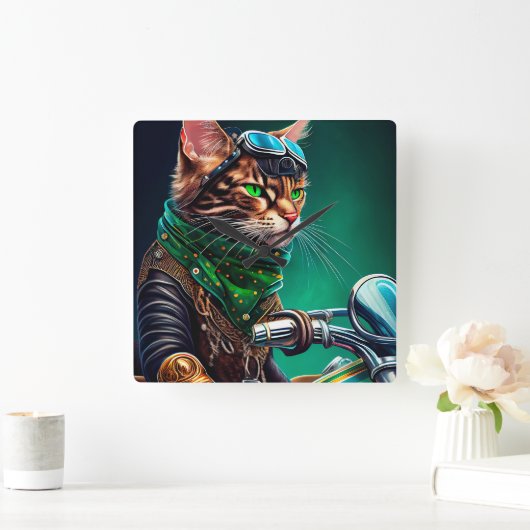 ベンガル猫の自転車を運転する聖パトリックの日 スクエア壁時計 (ホーム)