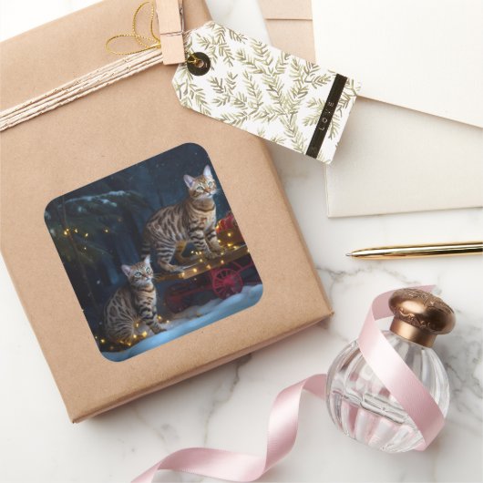 ベンガル猫スノイそりに乗るクリスマスデコール スクエアシール (ギフト)