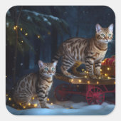 ベンガル猫スノイそりに乗るクリスマスデコール スクエアシール (正面)